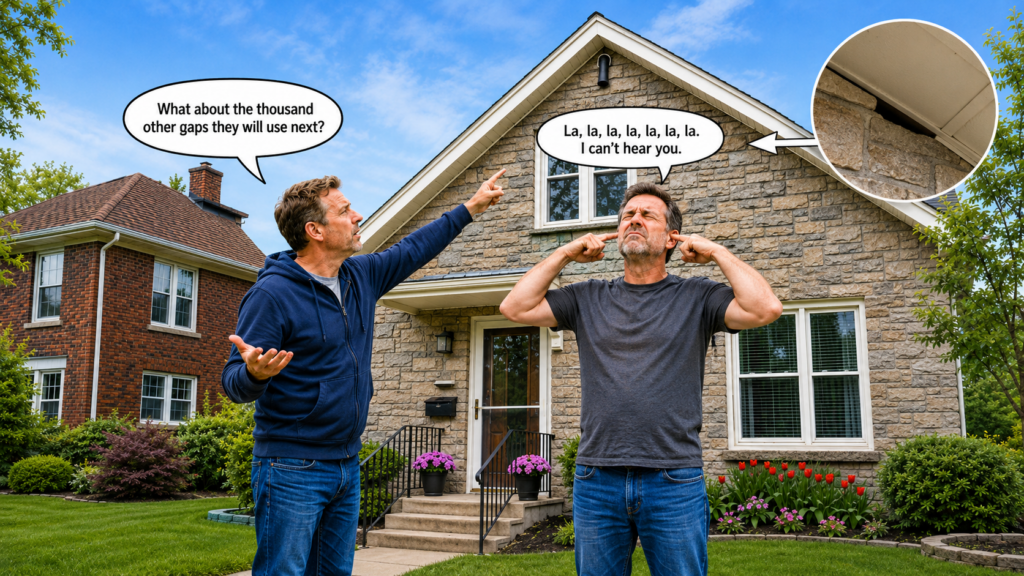 Illustration of a homeowner covering his ears while a neighbor points out other bat entry gaps near the roofline after a bat excluder was installed.