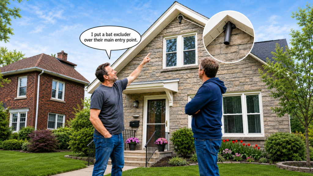 Homeowner pointing to a black plastic bat excluder installed at the soffit-to-stone gap near the peak of a house