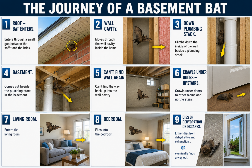 Step-by-step infographic showing how a bat enters at the roof, travels through wall cavities into the basement, then into the living space before escaping or dying from dehydration.