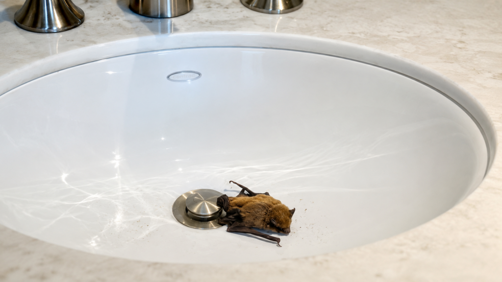 Live Big Brown Bat resting inside a bathroom sink after becoming trapped inside a house.