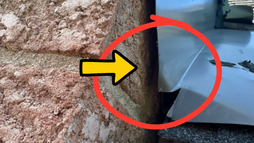 Massive gap between the chimney flashing, brick chimney, shingles, and roof decking on a Thornhill Ontario home, marked as a bat entry point.