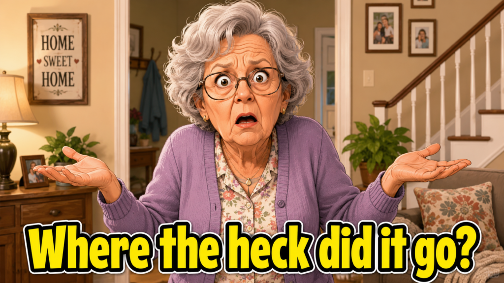 Older woman inside her home looking confused with her arms raised and the caption “Where the heck did it go?”
