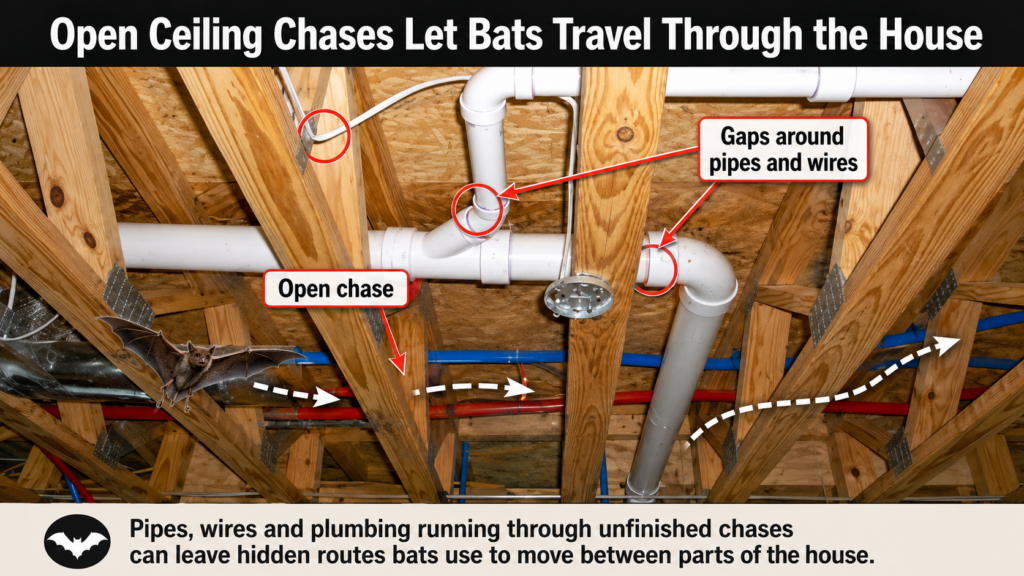 Unfinished ceiling framing with plumbing pipes, wiring and open utility chases showing the hidden routes Big Brown Bats use to travel through a house.