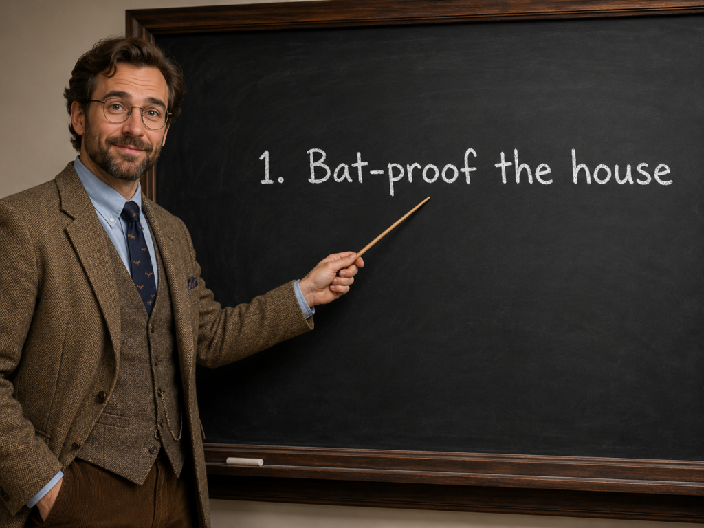 Benjamin Vaughan dressed as a professor pointing to a chalkboard that says Step 1 bat-proof the house