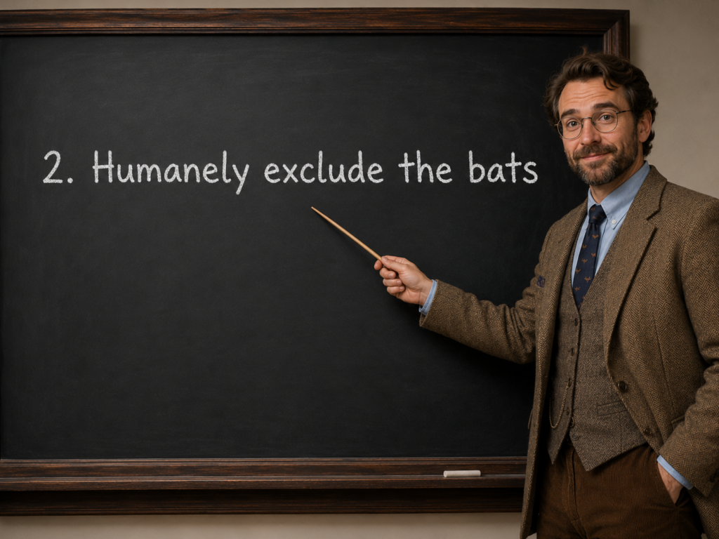 Benjamin Vaughan dressed as a professor pointing to a chalkboard that says Step 2 humanely exclude the bats