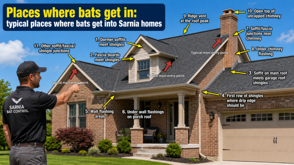 Bat control specialist pointing at a modern brick Sarnia home with arrows showing common bat entry points at dormers, soffits, fascia, chimney flashing, ridge vent, roof intersections, and garage rooflines.