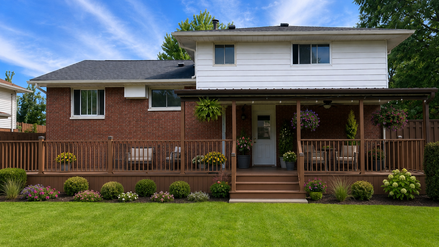 Rear view of a residential home in Sarnia, Ontario with a raised deck, covered porch, and backyard lawn.