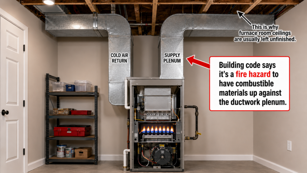 An unfinished furnace-room ceiling leaves the cold-air return, supply plenum and overhead ductwork exposed and accessible.