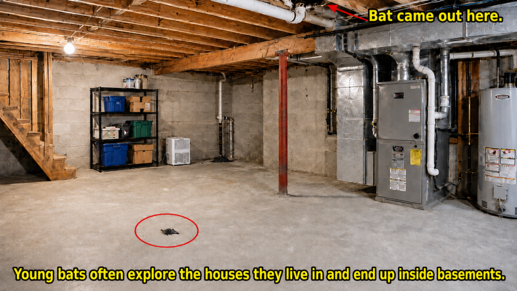 Small young bat on an unfinished basement floor after emerging through a gap beside a plumbing pipe in the ceiling.